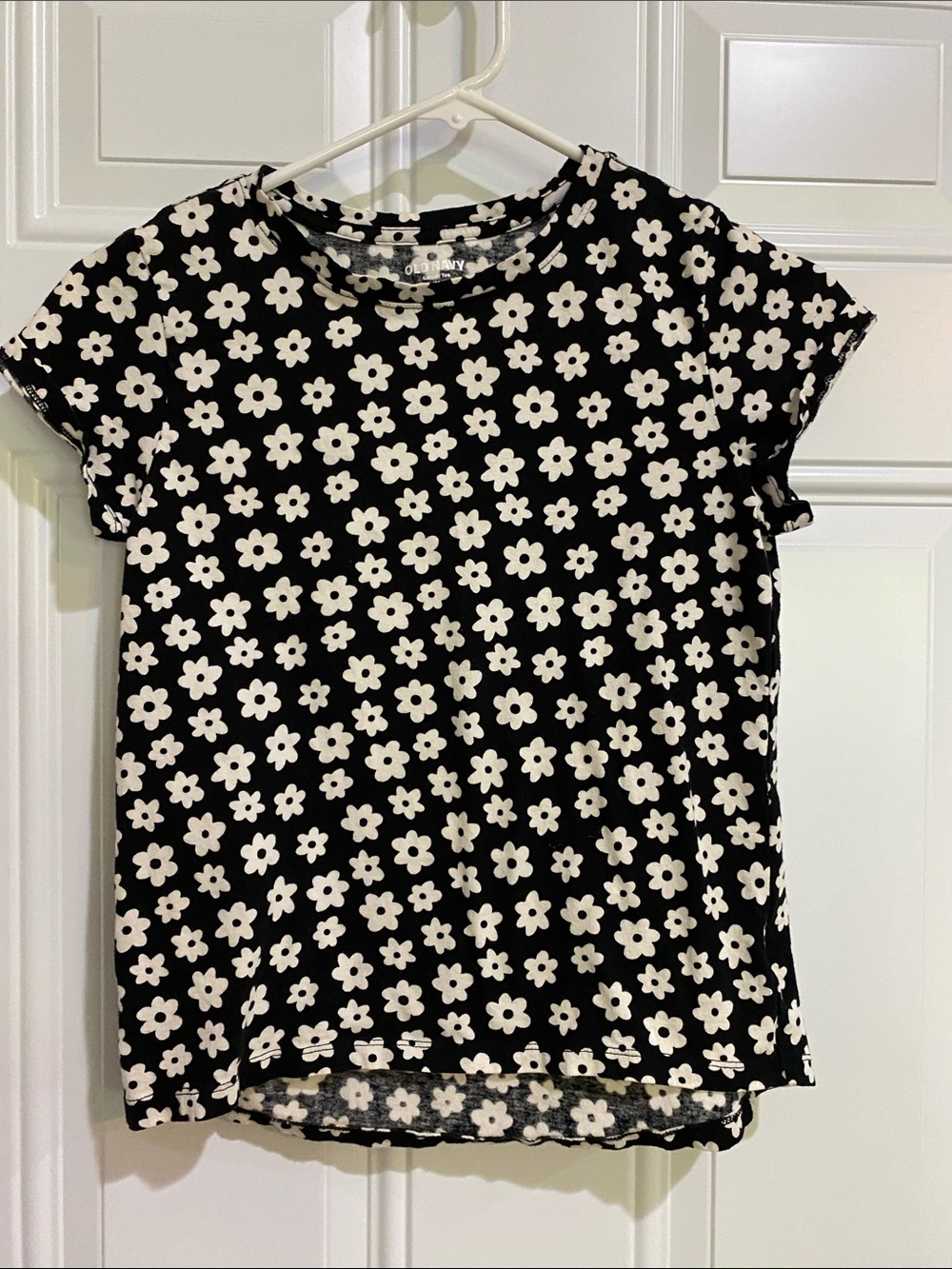 Old Navy Black Tee with White Daisy Pattern - Short Sleeve
